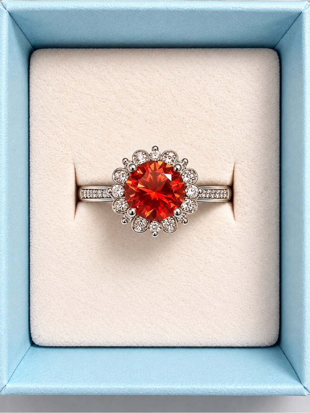 1 CT Red Moissanite Floral Halo Ring – 18K White Gold Plated – Adjustable
